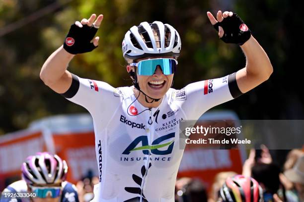 Ally Wollaston of New Zealand and AG Insurance - Soudal Team celebrates at finish line as stage winner during the 8th Santos Women's Tour Down Under...