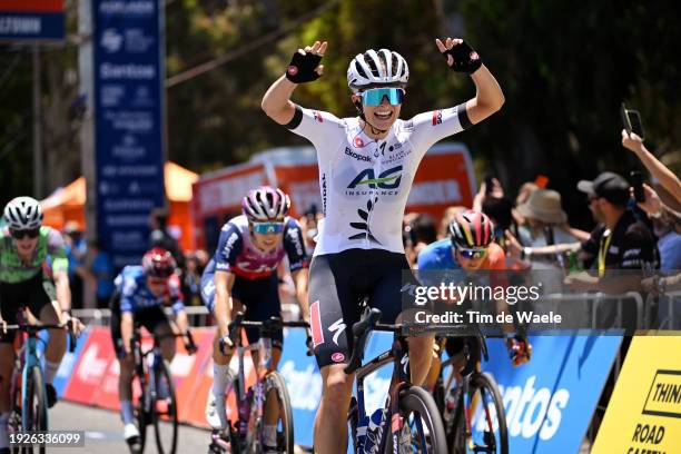 Ally Wollaston of New Zealand and AG Insurance - Soudal Team celebrates at finish line as stage winner during the 8th Santos Women's Tour Down Under...