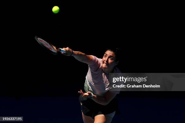 Ons Jabeur of Tunisia serves during a training session ahead of the 2024 Australian Open at Melbourne Park on January 12, 2024 in Melbourne,...