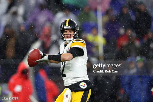 Quarterback Mason Rudolph of the Pittsburgh Steelers throws a pass against the Baltimore Ravens at M&T Bank Stadium on January 06, 2024 in Baltimore,...