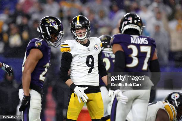 Place kicker Chris Boswell of the Pittsburgh Steelers celebrates after kicking a field goal against the Baltimore Ravens at M&T Bank Stadium on...