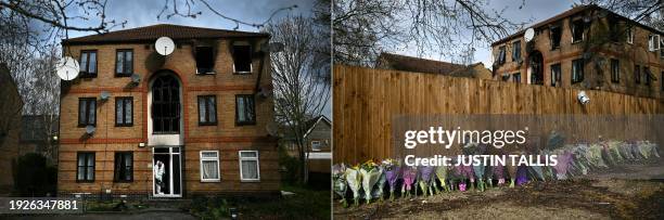 This combination of pictures taken on April 8, 2023 shows a building on Tollgate Road, in Beckton, east London where on April 6 Tiffany Regis died in...