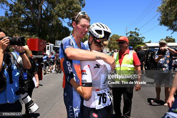 Kelland O'brien of Australia and Team Jayco AlUla congratulate to stage winner Ally Wollaston of New Zealand and AG Insurance - Soudal Team reacts...
