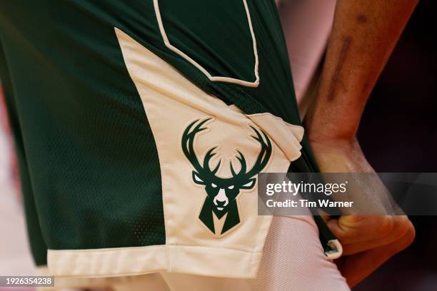 Detailed view of the Milwaukee Bucks logo on a uniform during the game against the Houston Rockets at Toyota Center on January 06, 2024 in Houston,...