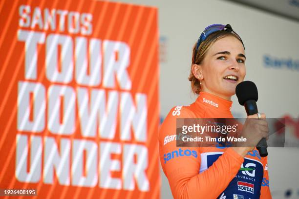 Ally Wollaston of New Zealand and AG Insurance - Soudal Team celebrates at podium as Orange Santos Leader's Jersey winner during the 8th Santos...