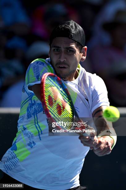 Alejandro Tabilo of Chile plays a backhand during his match against Arthur Fils of France during the 2024 Men's ASB Classic at ASB Tennis Centre on...