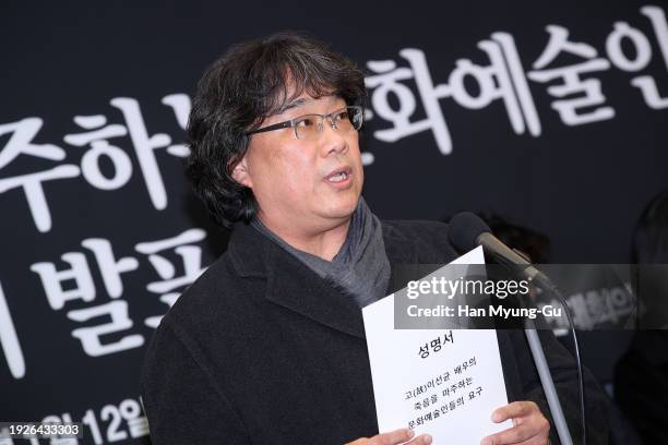 South Korean director Bong Joon-Ho attends a press conference to call for a probe into the circumstances behind prolific actor Lee Sun-kyun's death...