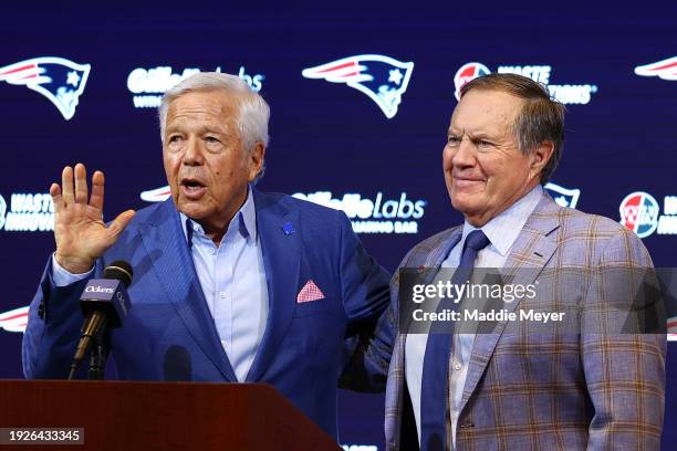 Owner Robert Kraft speaks to the media as head coach Bill Belichick of the New England Patriots looks on during a press conference at Gillette...