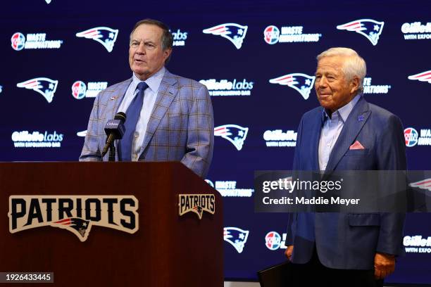 Head coach Bill Belichick of the New England Patriots speaks to the media as owner Robert Kraft looks on during a press conference at Gillette...