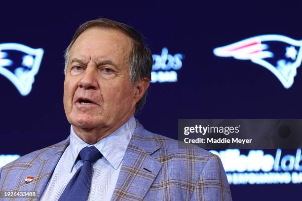 Head coach Bill Belichick of the New England Patriots speaks to the media during a press conference at Gillette Stadium on January 11, 2024 in...