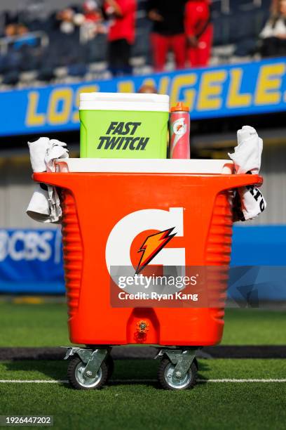 Detail view of the Gatorade cooler cart with a Fast Twitch logo and water bottle before an NFL football game between the Los Angeles Chargers and the...