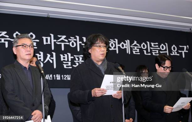 Actor Kim Eui-Sung, director Bong Joon-Ho and musician Yoon Jong-Shin attend a press conference to call for a probe into the circumstances behind...