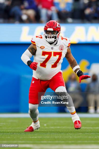 Lucas Niang of the Kansas City Chiefs blocks during an NFL football game against the Los Angeles Chargers at SoFi Stadium on January 7, 2024 in...