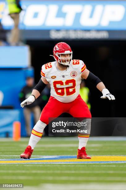 Joe Thuney of the Kansas City Chiefs blocks during an NFL football game against the Los Angeles Chargers at SoFi Stadium on January 7, 2024 in...