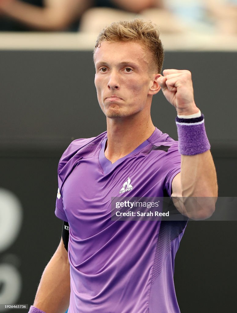 Jiri Lehecka of Czechoslovakia celebrates his straight set win in his