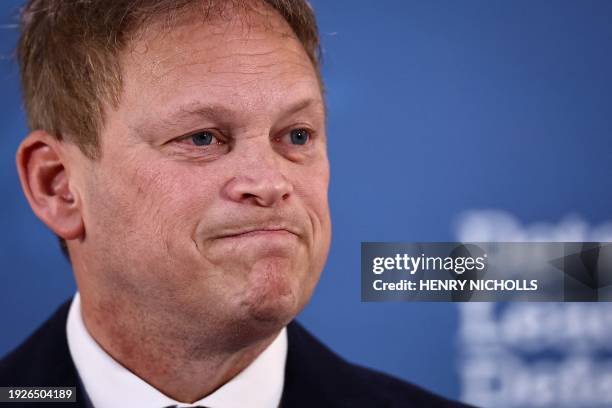 Britain's Defence Secretary Grant Shapps reacts as he delivers a speech on defending the UK and its allies, at Lancaster House, in London, on January...