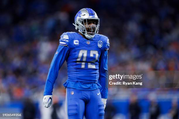 Jalen Reeves-Maybin of the Detroit Lions celebrates after a play during an NFL football game against the Denver Broncos at Ford Field on December 16,...