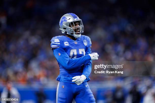 Jalen Reeves-Maybin of the Detroit Lions celebrates after a play during an NFL football game against the Denver Broncos at Ford Field on December 16,...