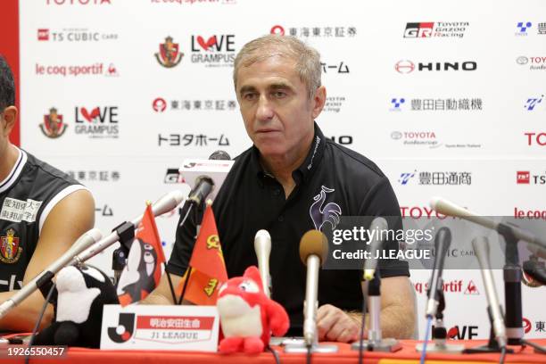 Head coach Bosko Gjurovski of Nagoya Grampus speaks at the post match press conference after the J.League J1 second stage match between Nagoya...