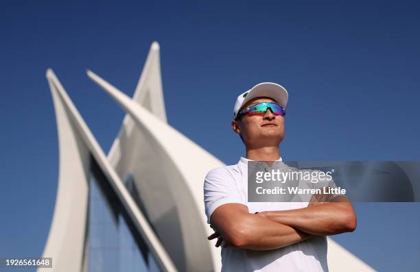 Haotong Li of China poses for a portrait on the 10th tee on Day Two of the Dubai Invitational at Dubai Creek Golf and Yacht Club on January 12, 2024...