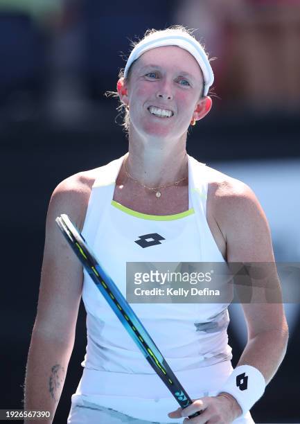 Storm Hunter of Australia reacts in her match against Dominika Salkova of Czech Republic during day five of Qualifying ahead of the 2024 Australian...