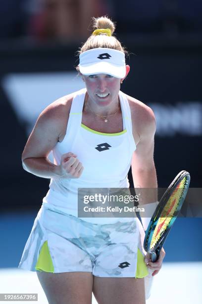 Storm Hunter of Australia reacts in her match against Dominika Salkova of Czech Republic during day five of Qualifying ahead of the 2024 Australian...
