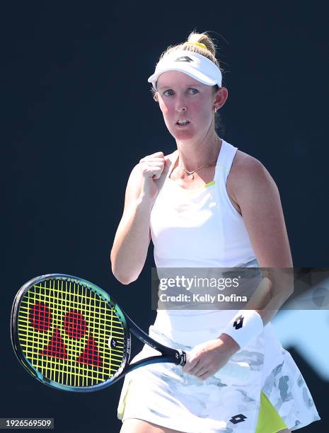 Storm Hunter of Australia celebrates winning the 2nd set in her match against Dominika Salkova of Czech Republic during day five of Qualifying ahead...