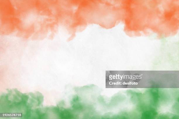 tricolor empty blank colorful background - a horizontal of three colored ombre bands in saffron orange, white and green watercolor paint merging into each other as in indian flag and of ireland, niger and côte d'ivoire (ivory coast) - indian tricolor stock illustrations