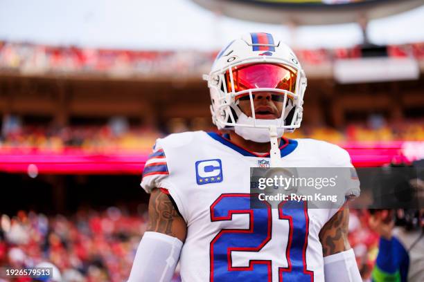 Jordan Poyer of the Buffalo Bills looks on during pregame warmups before an NFL football game against the Kansas City Chiefs at GEHA Field at...