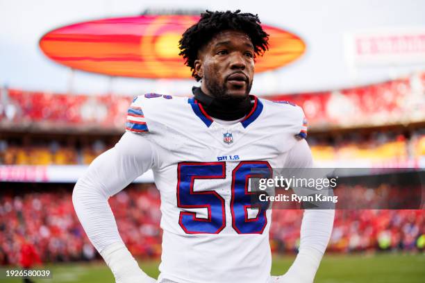 Leonard Floyd of the Buffalo Bills looks on during pregame warmups before an NFL football game against the Kansas City Chiefs at GEHA Field at...