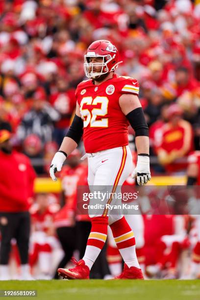 Joe Thuney of the Kansas City Chiefs looks on during an NFL football game against the Buffalo Bills at GEHA Field at Arrowhead Stadium on December...