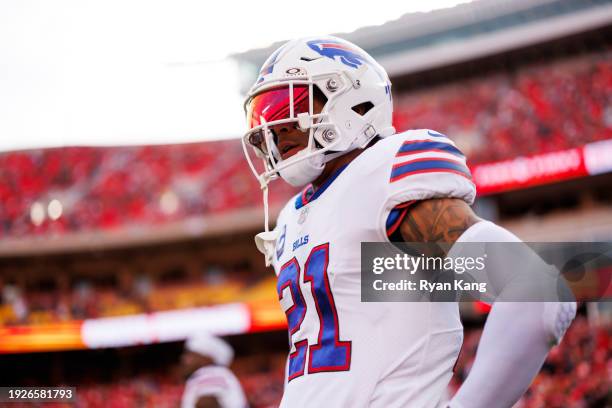 Jordan Poyer of the Buffalo Bills looks on during pregame warmups before an NFL football game against the Kansas City Chiefs at GEHA Field at...