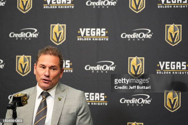 Head coach Bruce Cassidy of the Vegas Golden Knights holds a press conference after a 2-1 overtime victory against the Boston Bruins at T-Mobile...