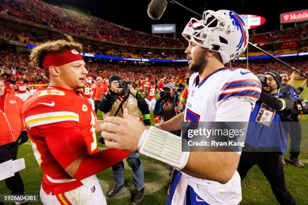 Patrick Mahomes of the Kansas City Chiefs and Josh Allen of the Buffalo Bills after an NFL football game against the Buffalo Bills at GEHA Field at...