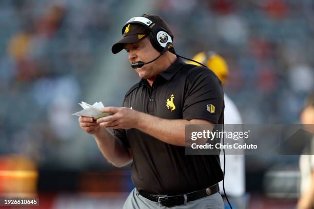 Defensive coordinator Jay Sawvel of the Wyoming Cowboys calls a play during the Barstool Sports Arizona Bowl against the Toledo Rockets at Arizona...