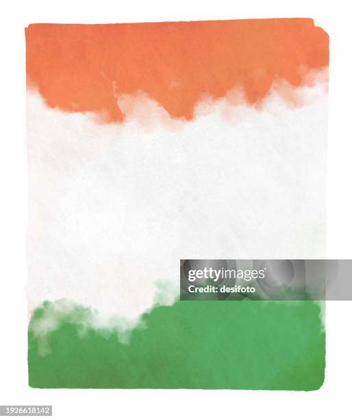 tricolor empty blank colorful background with rough uneven edges-  vertical three colored ombre bands in saffron orange, white and green watercolor paint merging into each other as in indian flag and of ireland, niger and côte d'ivoire (ivory coast) - republic of ireland flag stock illustrations