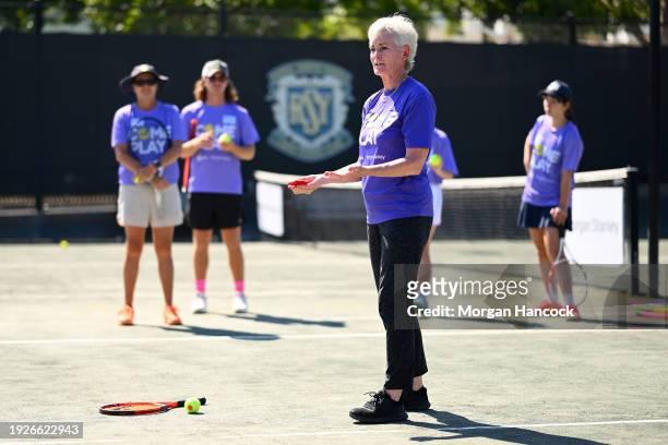 Judy Murray conducts a coaching clinic during the launch of WTA's Come Play presented by Morgan Stanley, at Royal South Yarra Lawn Tennis Club on...