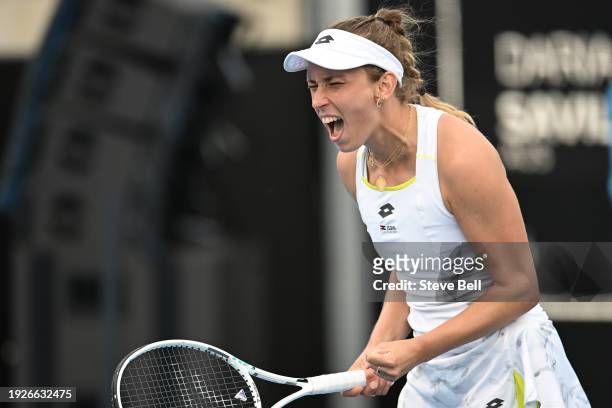Elise Mertens of Belgium celebrates winning her match against Daria Saville of Australia during day five of the 2024 Hobart International at Domain...