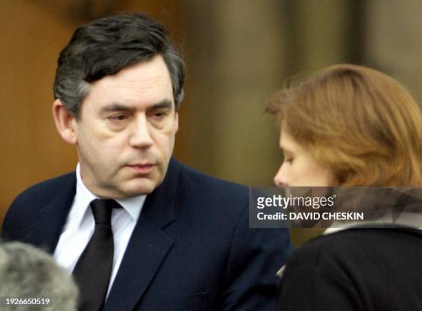 British Chancellor of the Exchequer Gordon Brown and his wife Sarah arrive at St Bryce Kirk in Kirkcaldy where the funeral service of their...