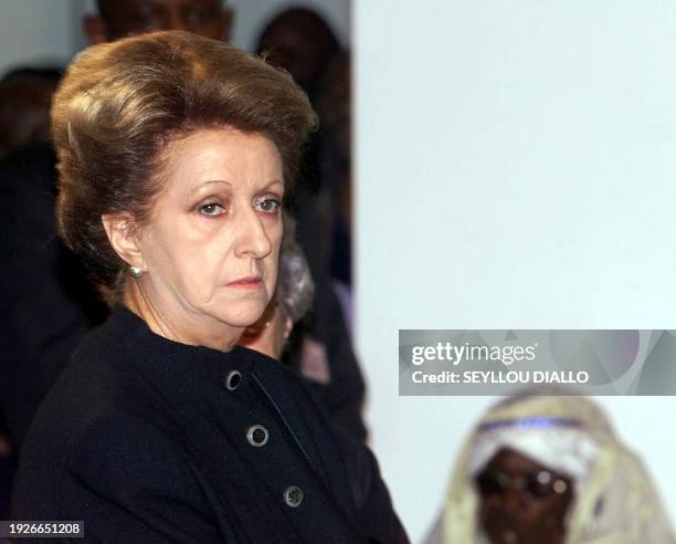 Colette Senghor, the widow of former Senegales president Leopold Sedar Senghor, attends 29 December 2001 at the Dakar Catholic cathedral a religious...