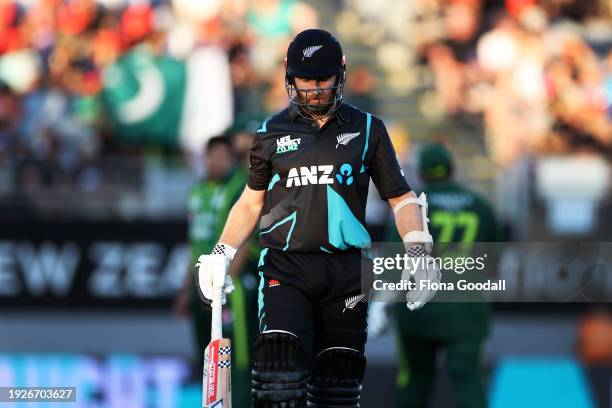 Kane Williamson, captain of New Zealand is dismissed during game one of the Twenty20 series between New Zealand and Pakistan at Eden Park on January...