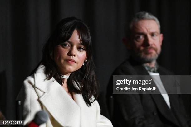 Jenna Ortega and Martin Freeman speak onstage during the screening of "Miller's Girl" at the Palm Springs International Film Festival on January 11,...