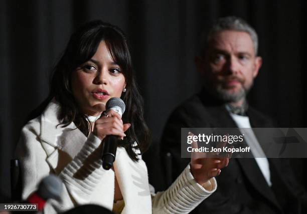 Jenna Ortega and Martin Freeman speak onstage during the screening of "Miller's Girl" at the Palm Springs International Film Festival on January 11,...