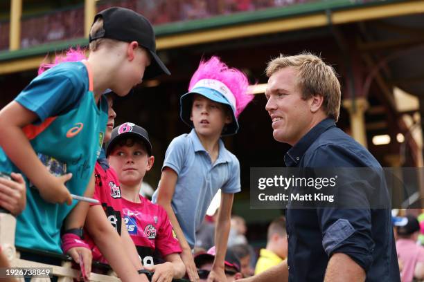 Player Jake Trbojevic interacts with fans during the BBL match between Sydney Sixers and Sydney Thunder at Sydney Cricket Ground, on January 12 in...