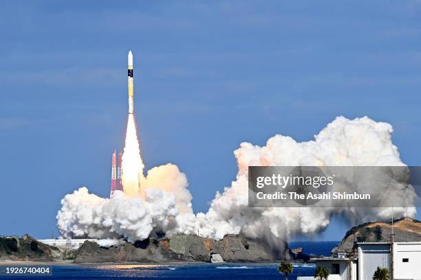 In this aerial image, the H-IIA launch vehicle No. 48 lifts off from the launch pad at JAXA Tanegashima Space Center on January 12, 2024 in...