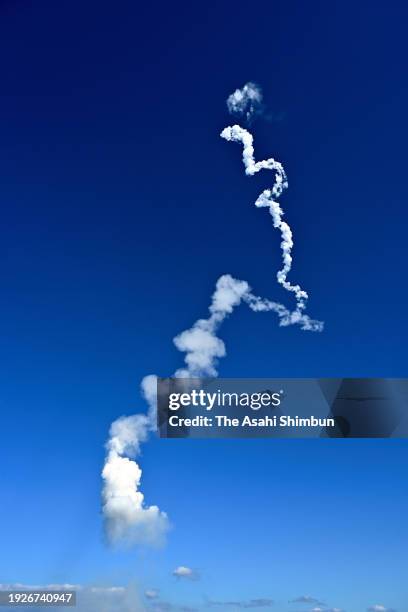 The H-IIA launch vehicle No. 48 leaves a contrail after its launch at JAXA Tanegashima Space Center on January 12, 2024 in Minamitane, Kagoshima,...