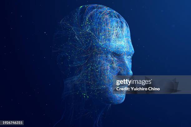 human ai robot face formed by network - sinapsis fotografías e imágenes de stock