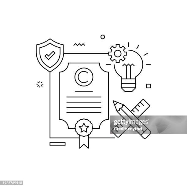 geistiges eigentum bezogenes design mit liniensymbolen. einfache umrisssymbole. urheberrecht, autor, kreativität, patent, lizenz. - patenturkunde stock-grafiken, -clipart, -cartoons und -symbole