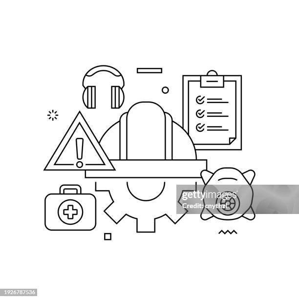 arbeitssicherheitsbezogene konzeptionelle vektorillustration. mitarbeiter, schutz, arbeitssicherheit, ausrüstung, arbeiten. - occupational health stock-grafiken, -clipart, -cartoons und -symbole