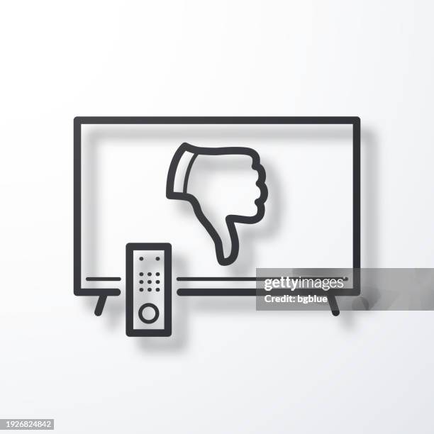 tv with thumbs down. line icon with shadow on white background - tv error screen stock illustrations